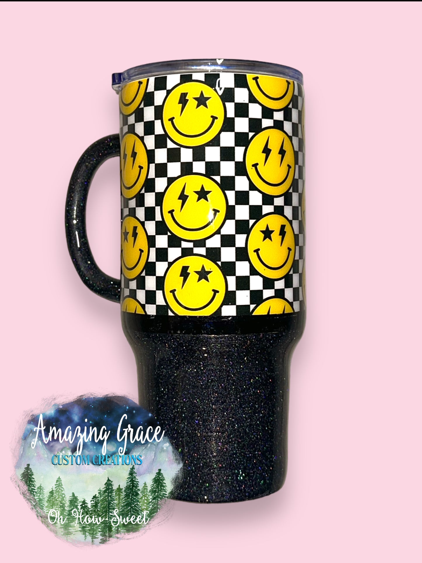 RTS - Checkerboard Smiley Face 32oz Travel Mug