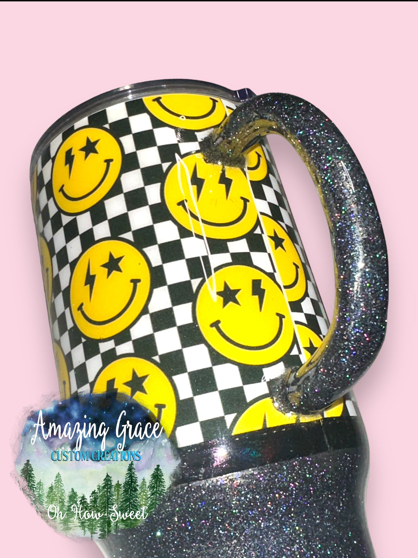 RTS - Checkerboard Smiley Face 32oz Travel Mug