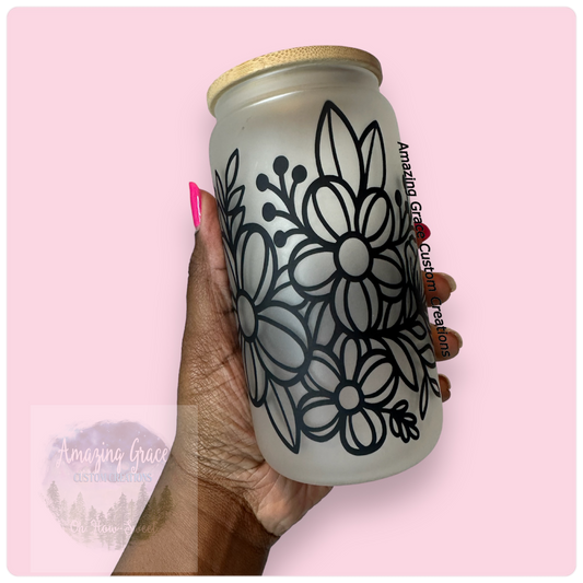 Black Wildflowers - 16oz Glass Tumbler with Bamboo Lid