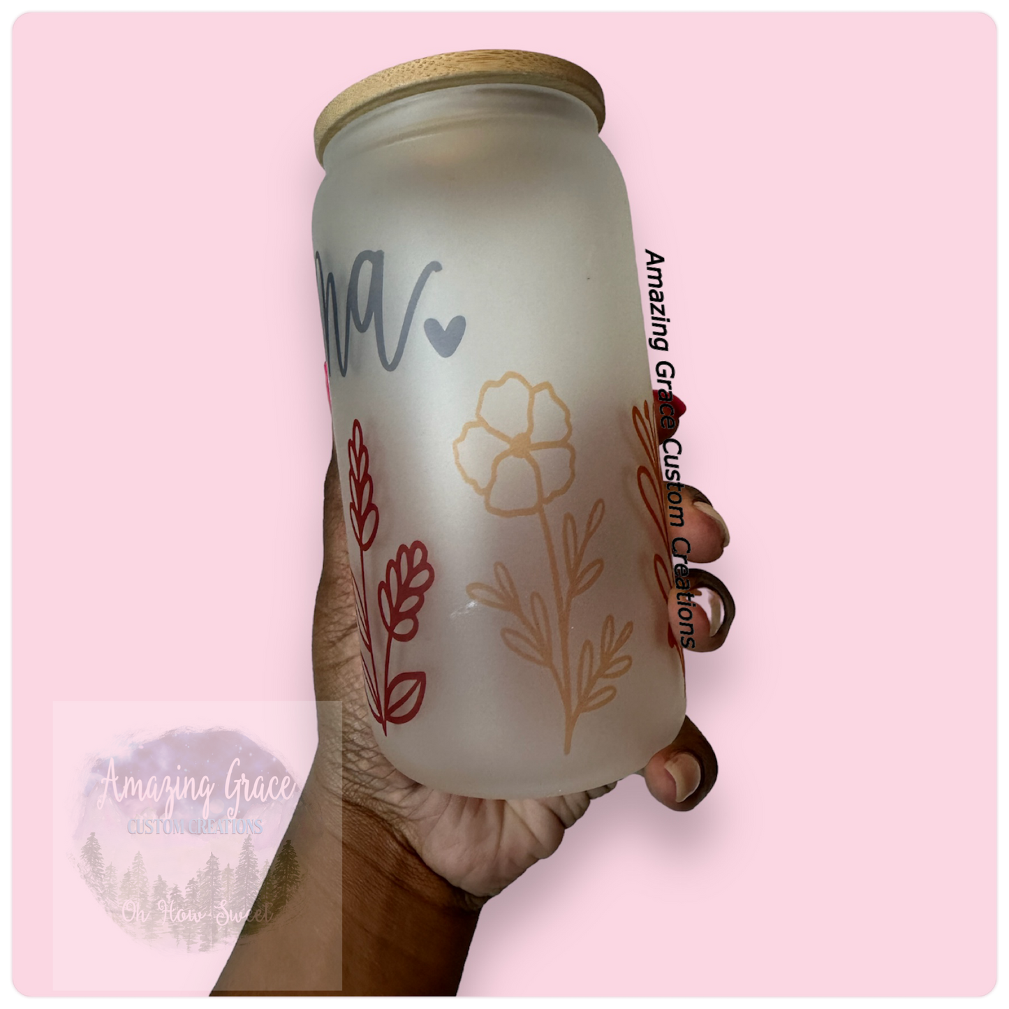 Mama Wildflowers - 16oz Glass Tumbler with Bamboo Lid