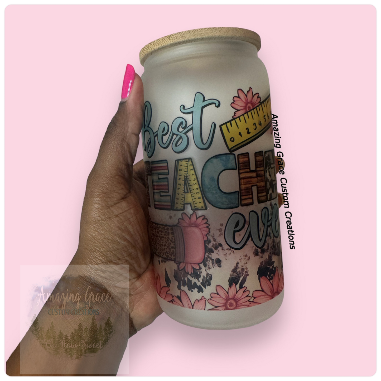 Best Teacher Ever - 16oz Glass Tumbler with Bamboo Lid