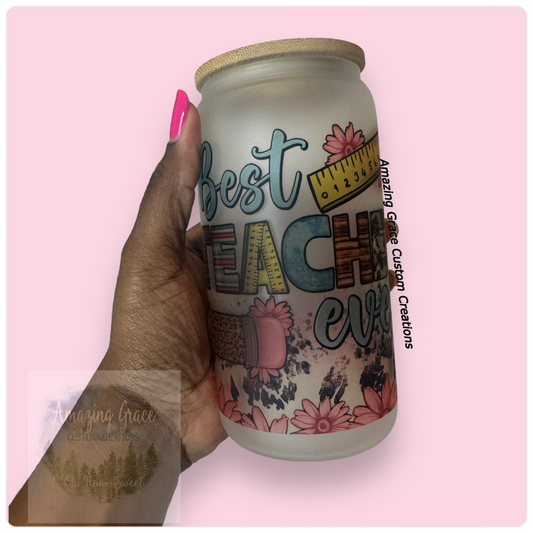 Best Teacher Ever - 16oz Glass Tumbler with Bamboo Lid