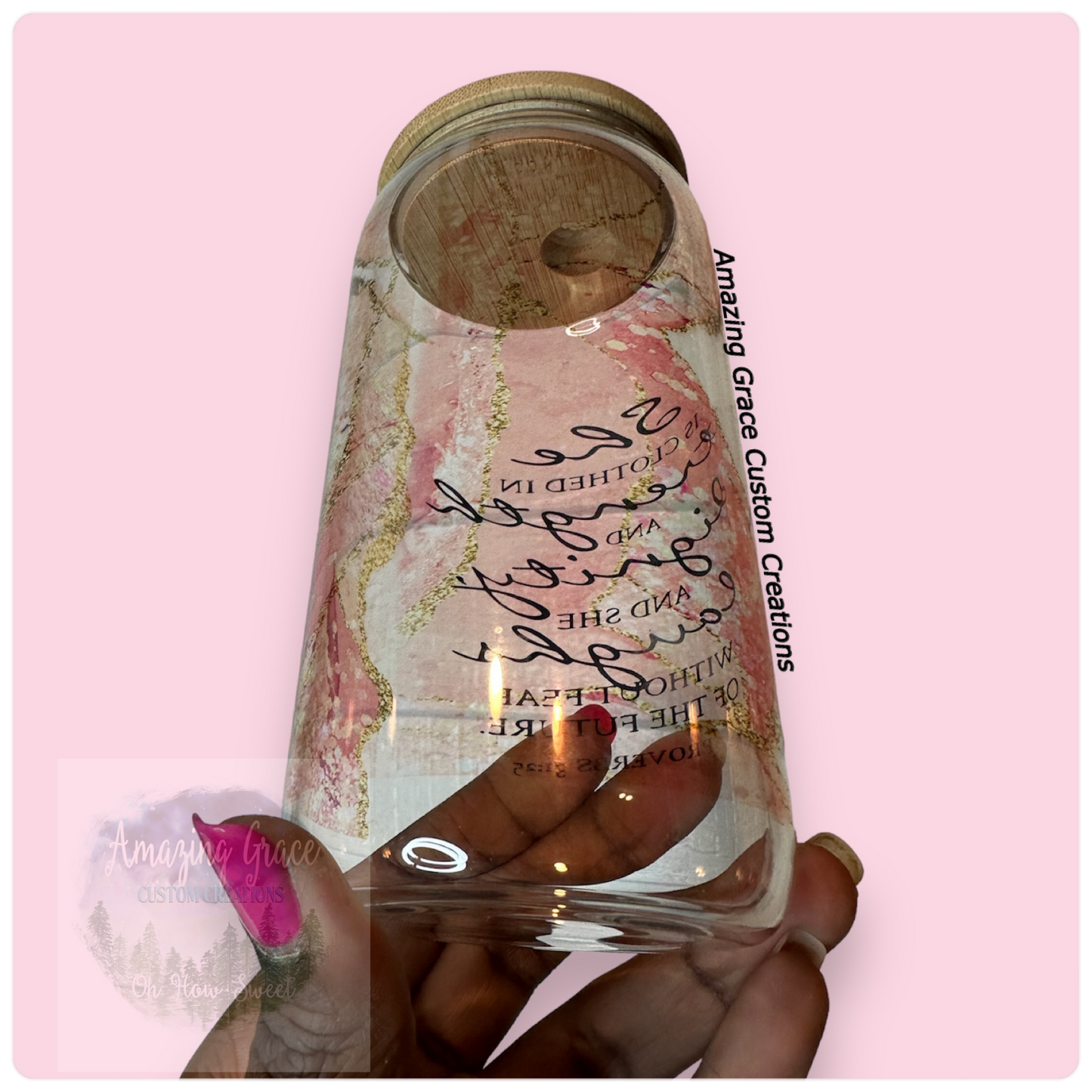 Proverbs 31:25 - 16oz Glass Tumbler with Bamboo Lid