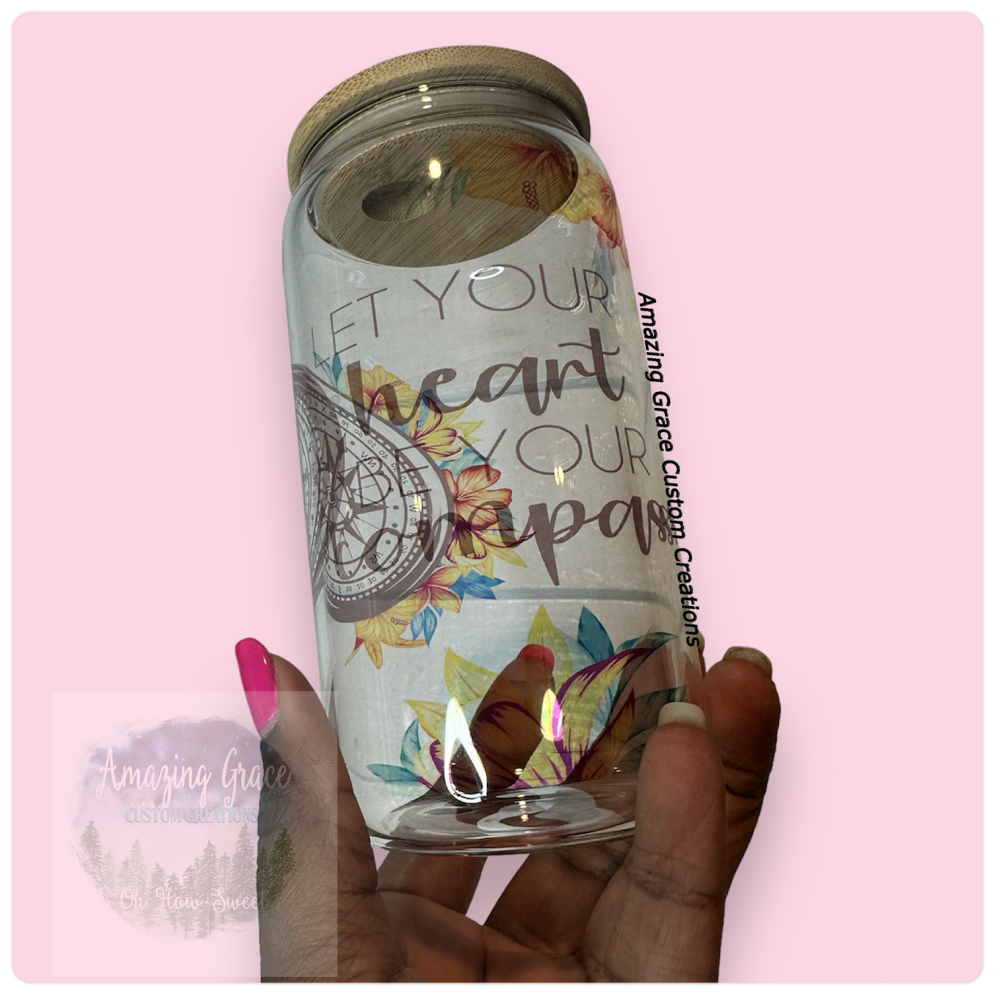 Let Your Heart Be Your Compass - 16oz Glass Tumbler with Bamboo Lid