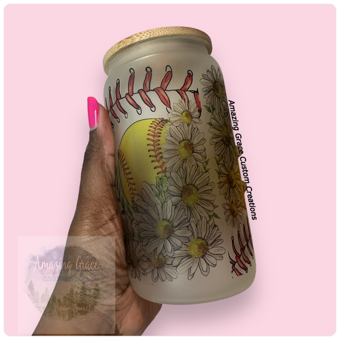 Softball Flowers - 16oz Glass Tumbler with Bamboo Lid
