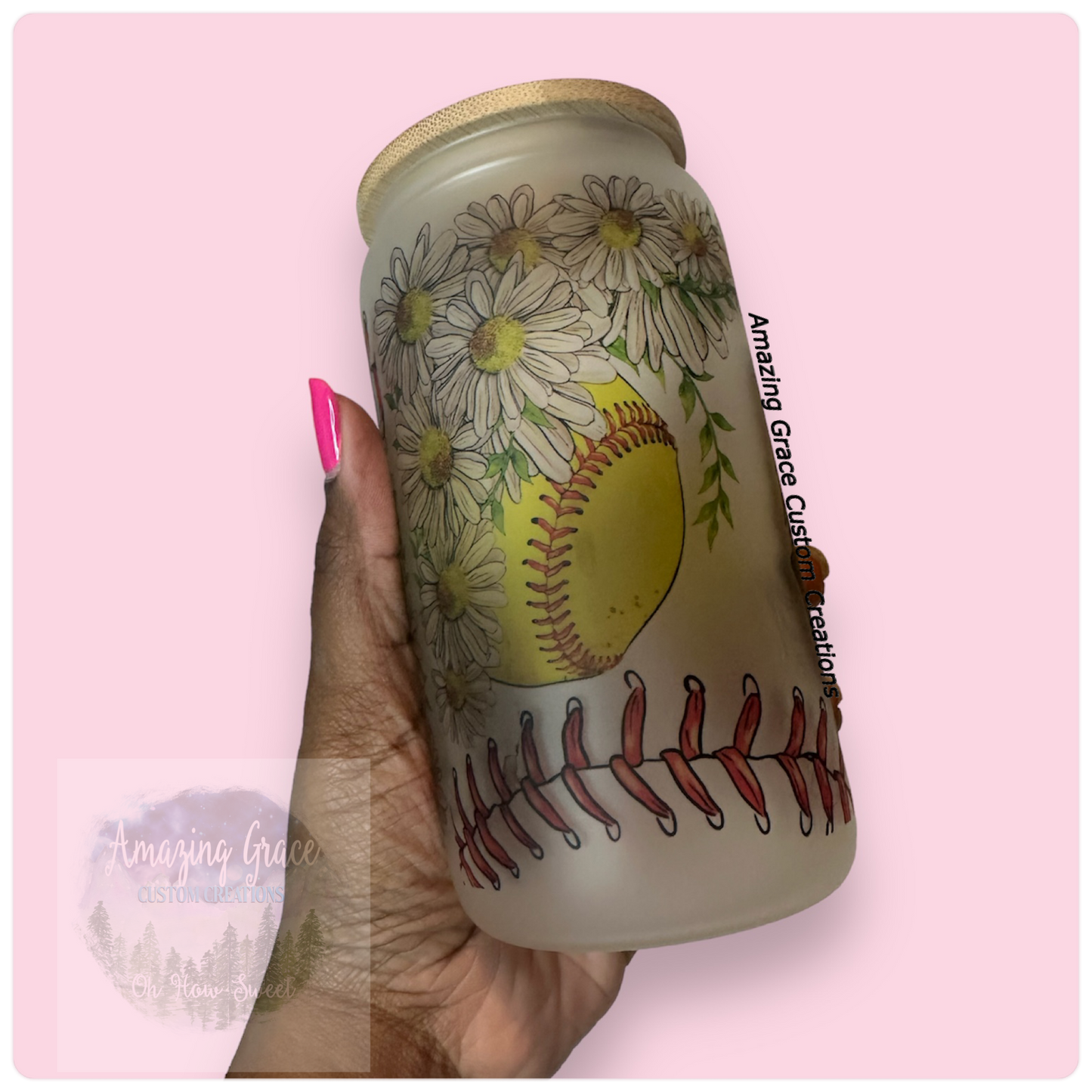 Softball Flowers - 16oz Glass Tumbler with Bamboo Lid