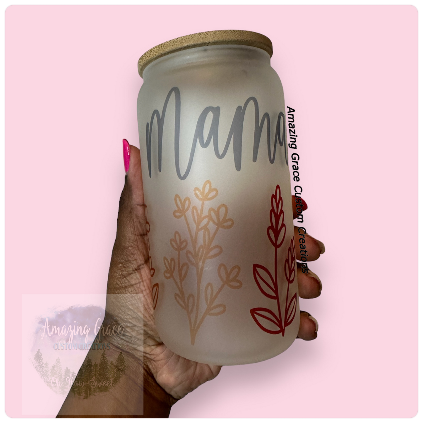 Mama Wildflowers - 16oz Glass Tumbler with Bamboo Lid