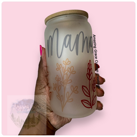 Mama Wildflowers - 16oz Glass Tumbler with Bamboo Lid