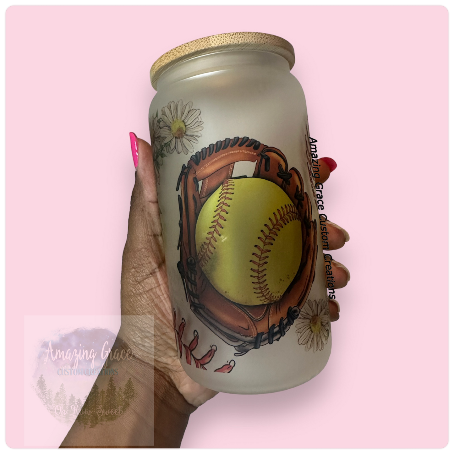 Softball Flowers - 16oz Glass Tumbler with Bamboo Lid