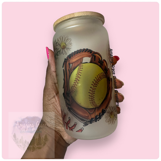 Softball Flowers - 16oz Glass Tumbler with Bamboo Lid
