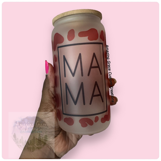 Cow-print Mama - 16oz Glass Tumbler with Bamboo Lid