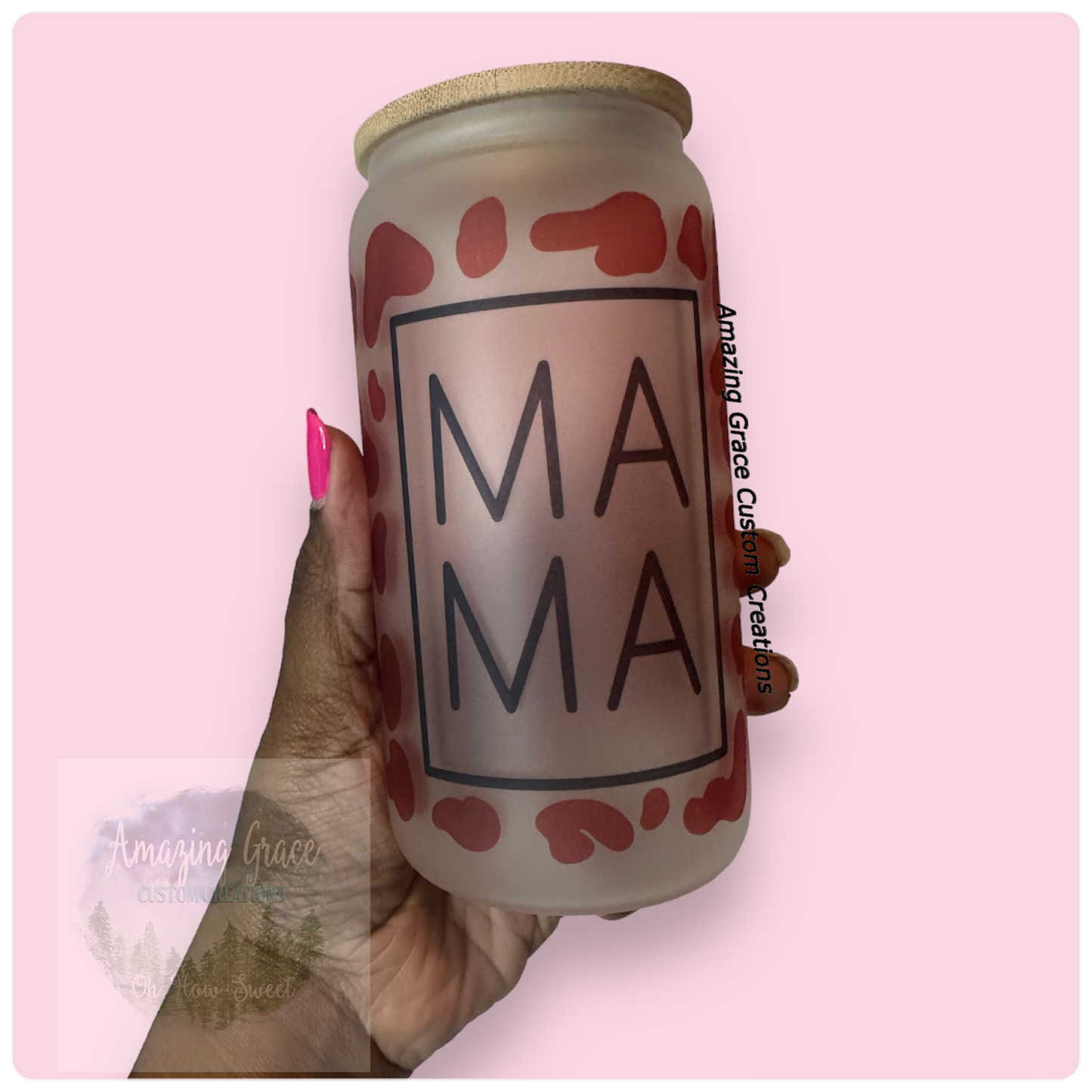 Cow-print Mama - 16oz Glass Tumbler with Bamboo Lid