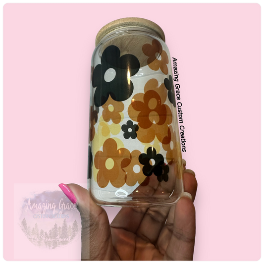 Retro Flowers - 16oz Glass Tumbler with Bamboo Lid