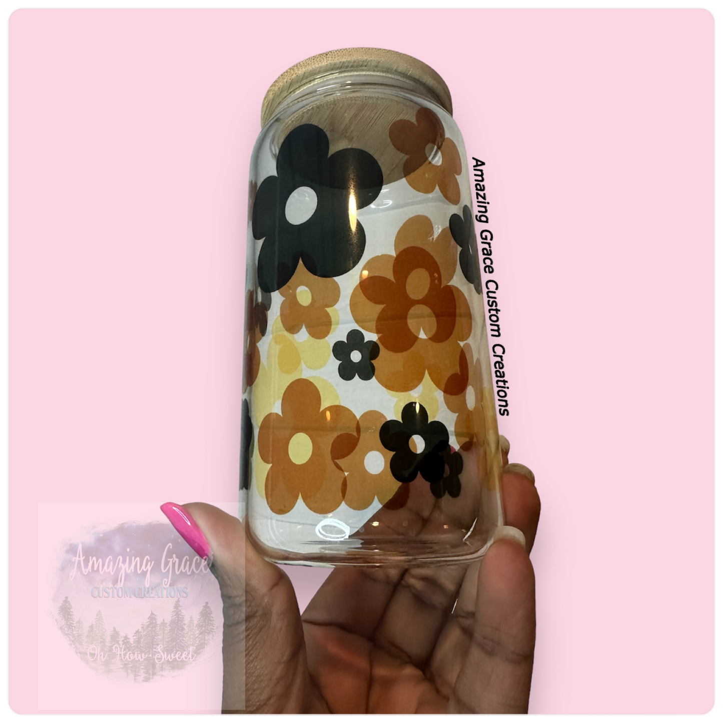 Retro Flowers - 16oz Glass Tumbler with Bamboo Lid