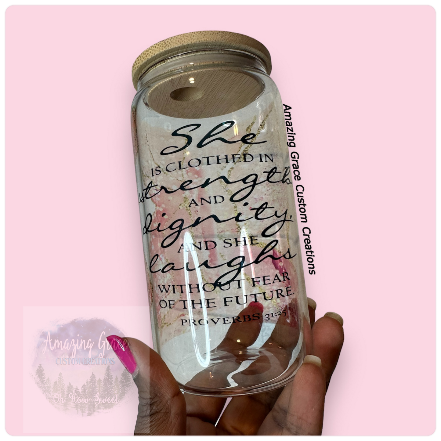 Proverbs 31:25 - 16oz Glass Tumbler with Bamboo Lid