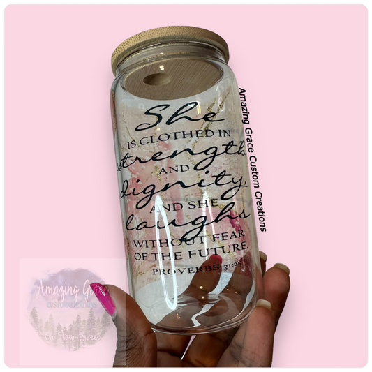 Proverbs 31:25 - 16oz Glass Tumbler with Bamboo Lid